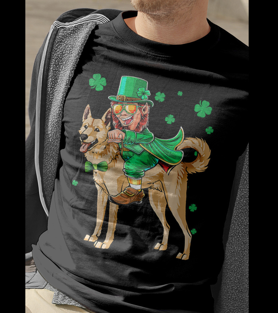 Leprechaun Riding Canaan Dog With Shamrock St. Patrick's Day T-Shirt