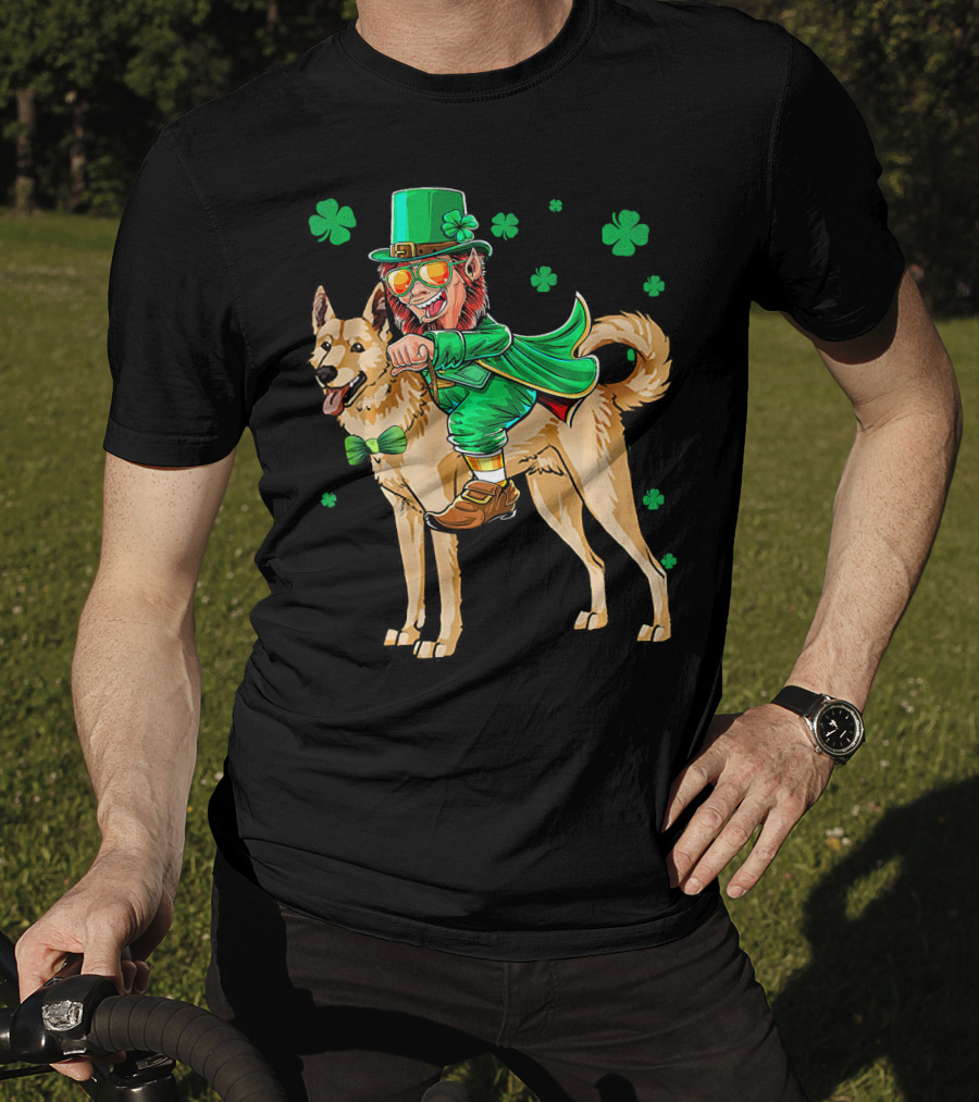 Leprechaun Riding Canaan Dog With Shamrock St. Patrick's Day T-Shirt