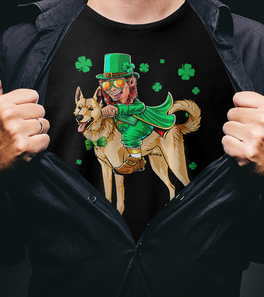 Leprechaun Riding Canaan Dog With Shamrock St. Patrick's Day T-Shirt
