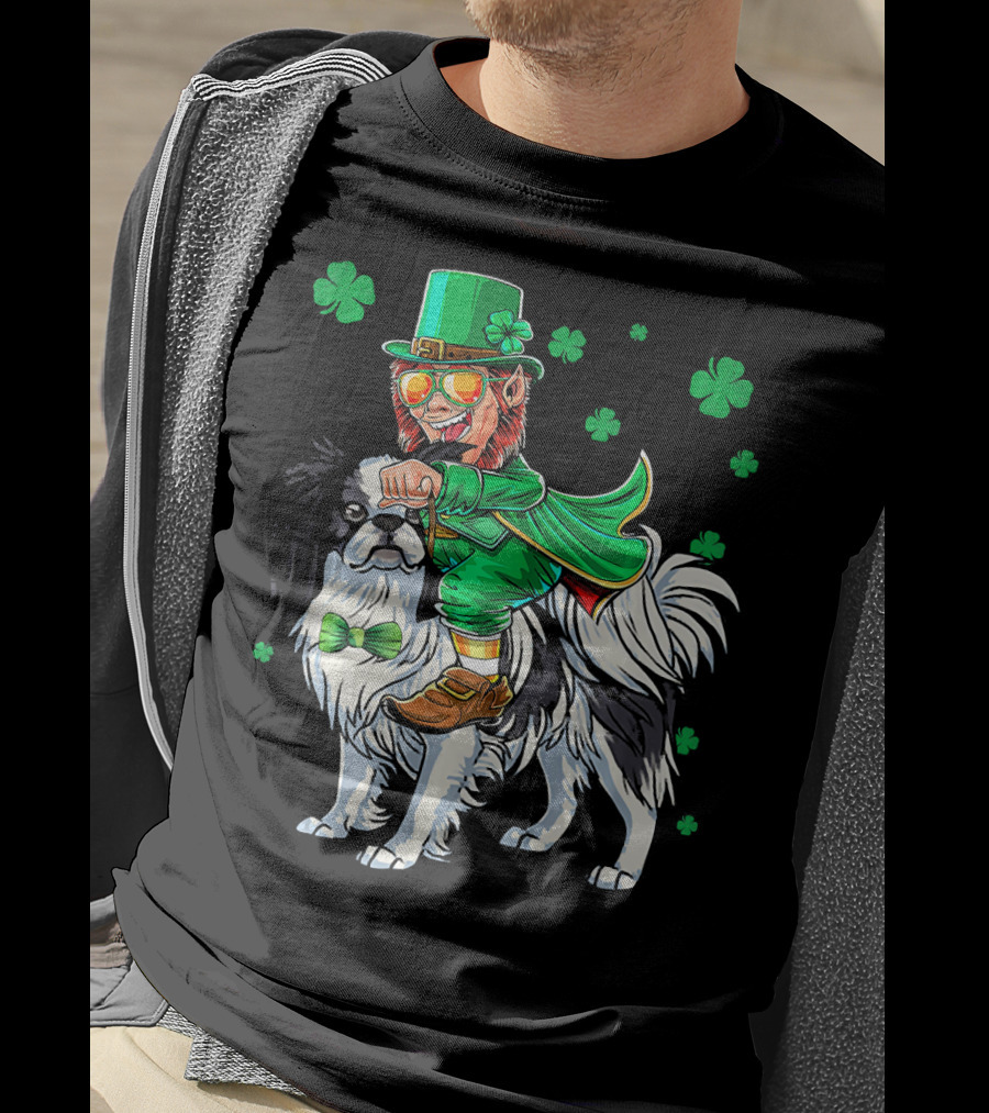 Leprechaun Riding Japanese Chin With Shamrock Clovers T-Shirt