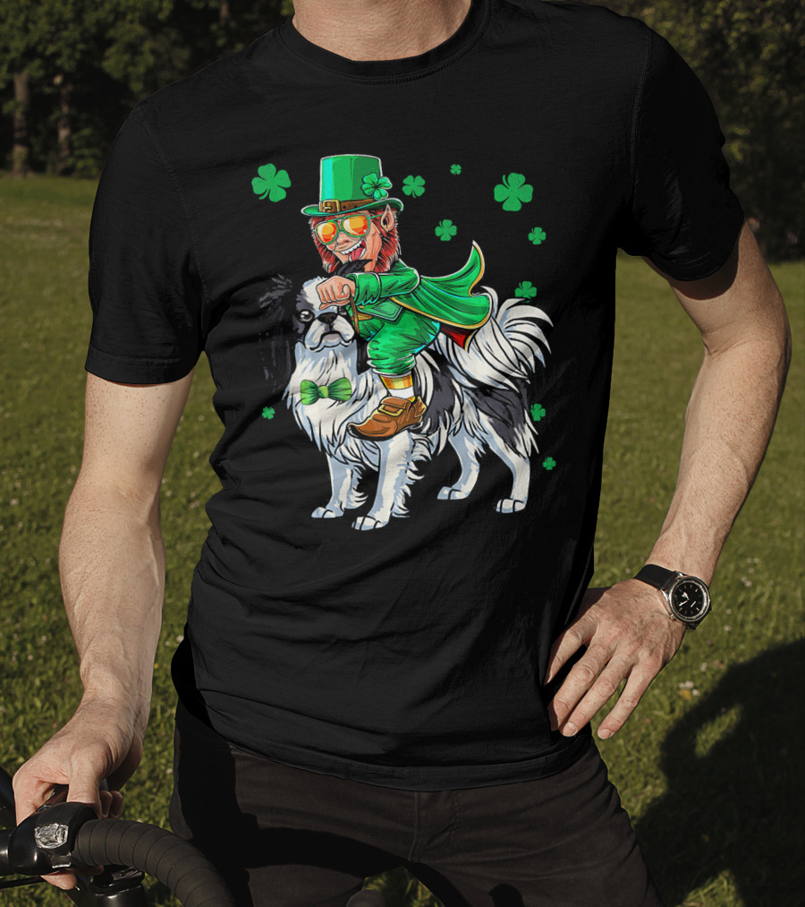 Leprechaun Riding Japanese Chin With Shamrock Clovers T-Shirt