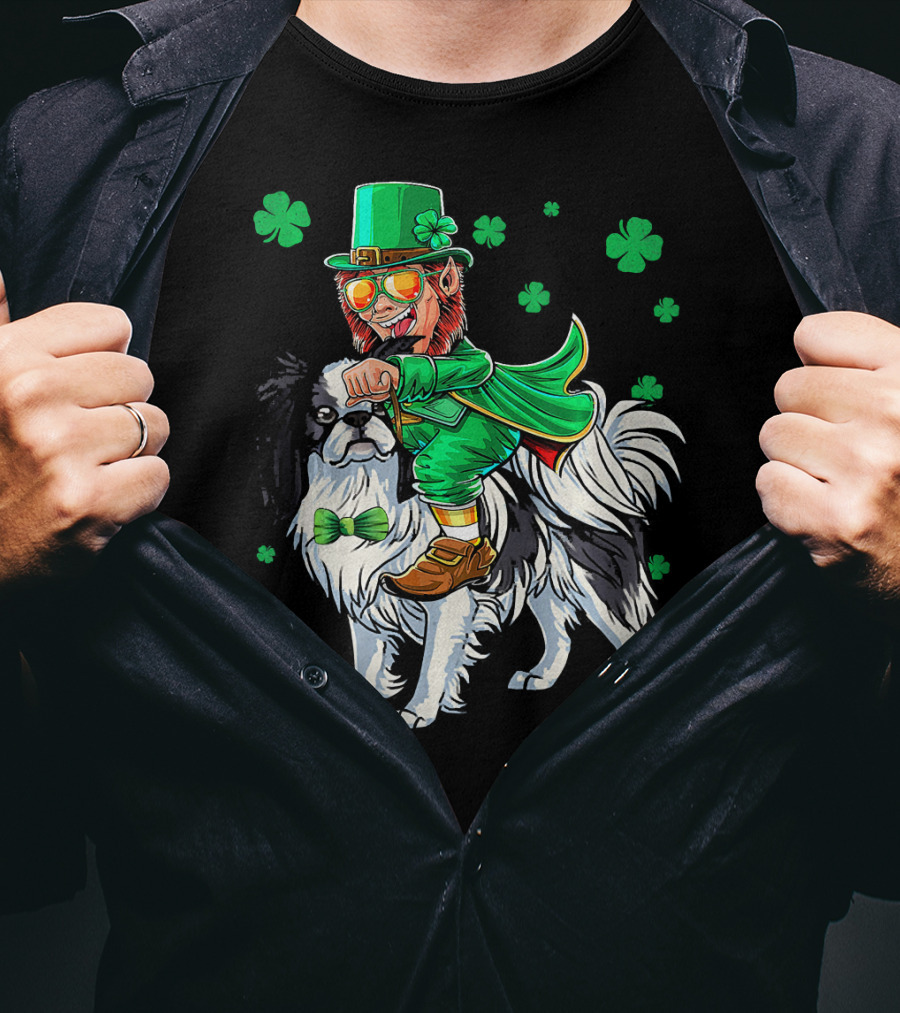 Leprechaun Riding Japanese Chin With Shamrock Clovers T-Shirt