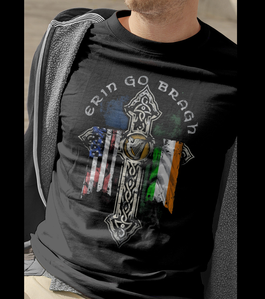 Erin Go Bragh American Irish Flags Celtic Cross T-Shirt