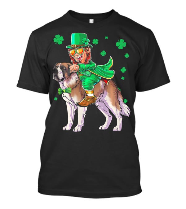 Leprechaun Riding Saint Bernard With Shamrocks T-Shirt