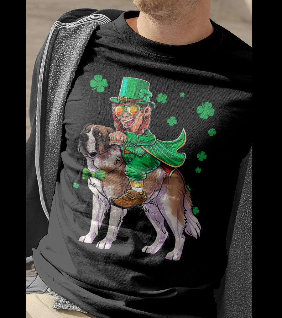 Leprechaun Riding Saint Bernard With Shamrocks T-Shirt