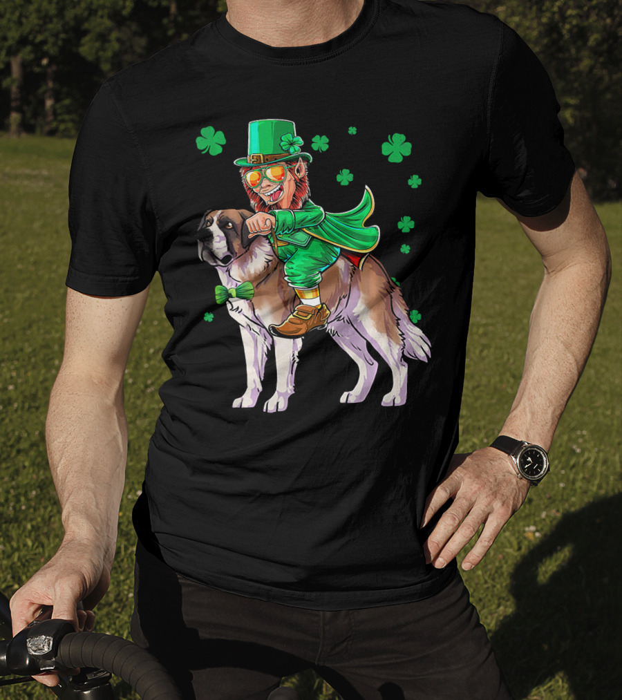 Leprechaun Riding Saint Bernard With Shamrocks T-Shirt