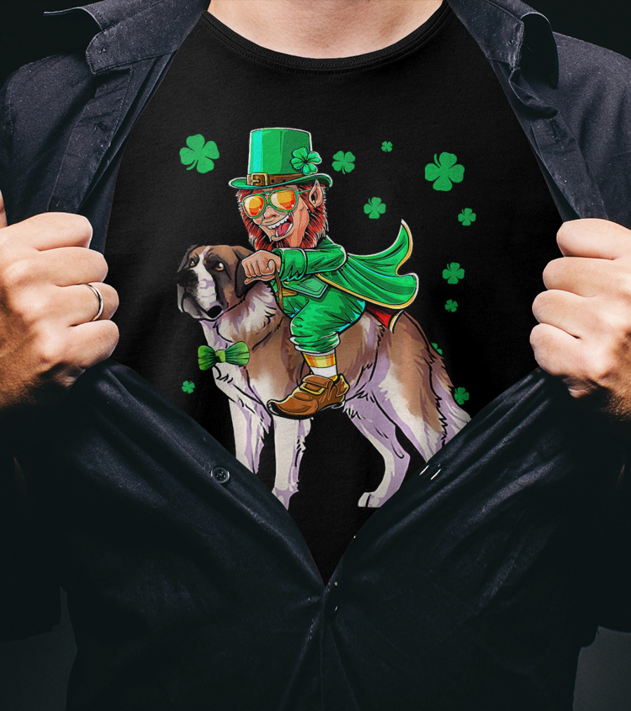 Leprechaun Riding Saint Bernard With Shamrocks T-Shirt