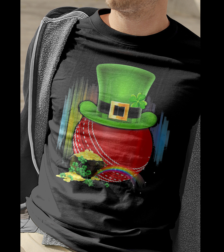 Cricket Ball Leprechaun Hat Rainbow Coin Saint Patricks T-Shirt