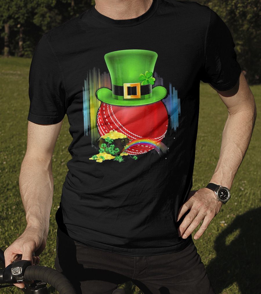 Cricket Ball Leprechaun Hat Rainbow Coin Saint Patricks T-Shirt