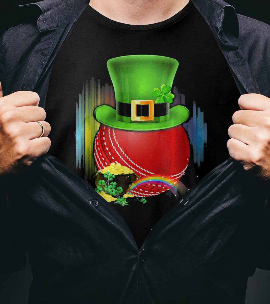 Cricket Ball Leprechaun Hat Rainbow Coin Saint Patricks T-Shirt