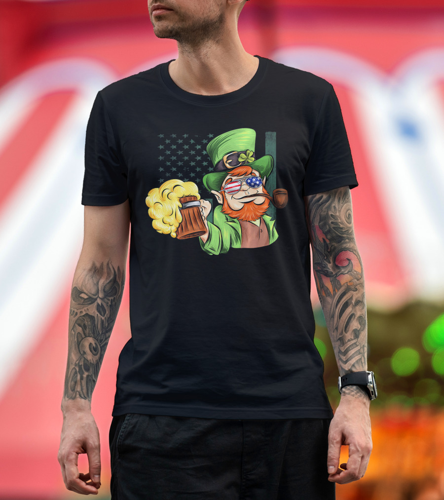 Funny Drunk Patriotic Leprechaun Beer Mug with Shamrock Hat and American Flag Sunglasses T-Shirt