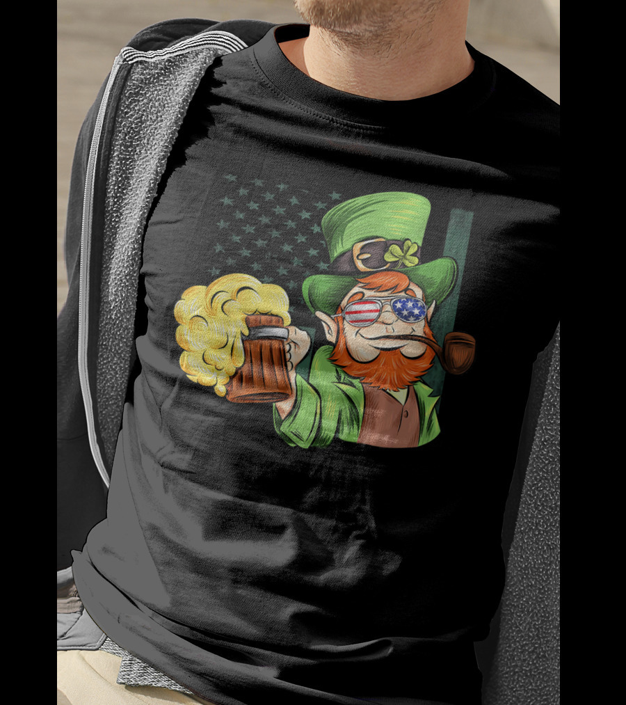Funny Drunk Patriotic Leprechaun Beer Mug With Shamrock Hat And American Flag Sunglasses T-Shirt