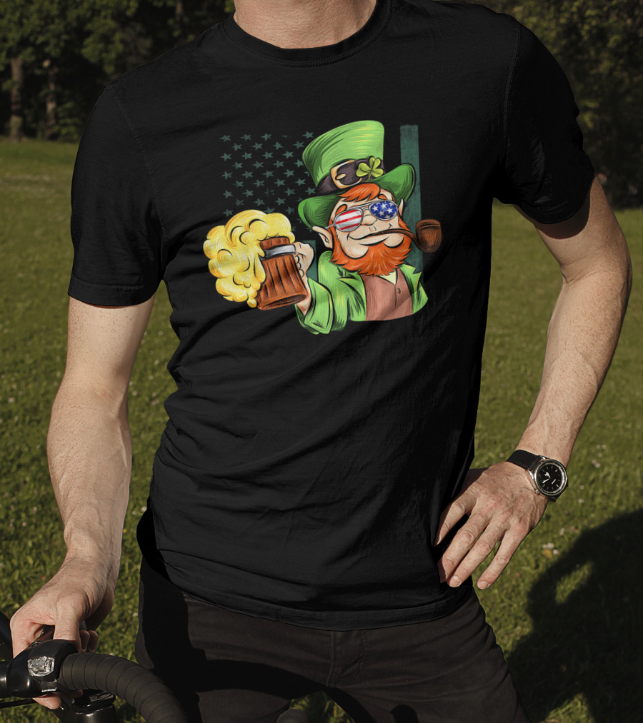 Funny Drunk Patriotic Leprechaun Beer Mug With Shamrock Hat And American Flag Sunglasses T-Shirt