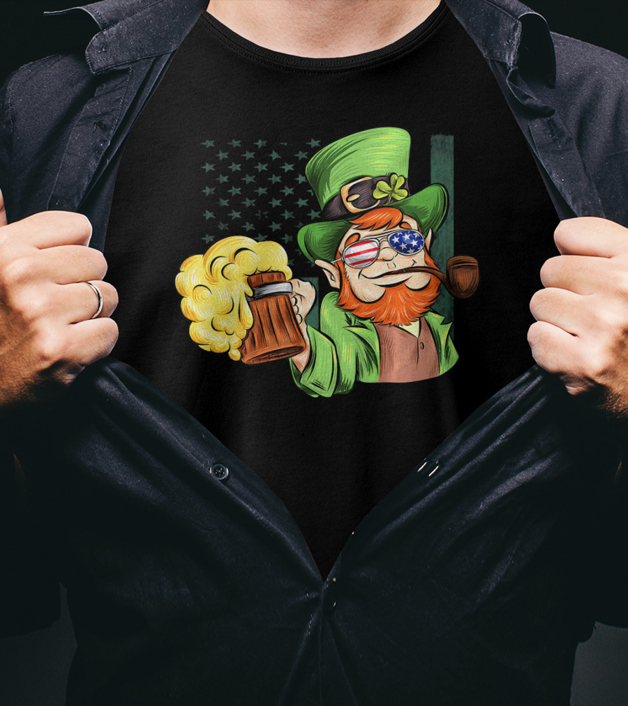 Funny Drunk Patriotic Leprechaun Beer Mug With Shamrock Hat And American Flag Sunglasses T-Shirt