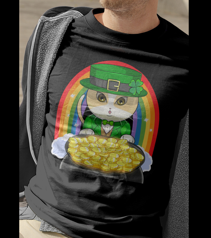 Exotic Cat Leprechaun Pot Of Gold Rainbow Happy St Patricks T-Shirt