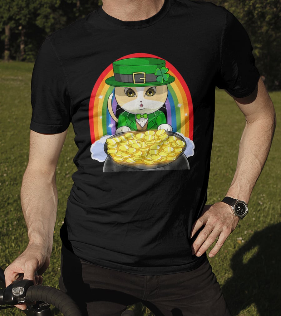 Exotic Cat Leprechaun Pot Of Gold Rainbow Happy St Patricks T-Shirt
