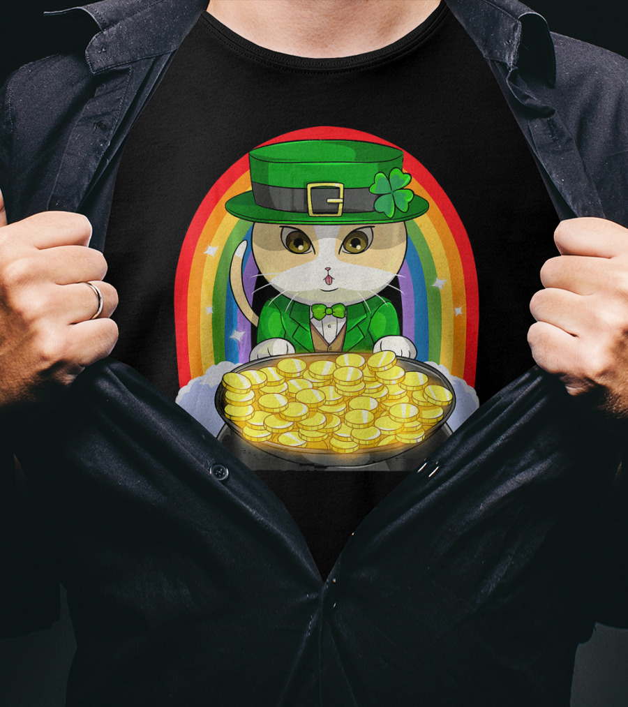 Exotic Cat Leprechaun Pot Of Gold Rainbow Happy St Patricks T-Shirt