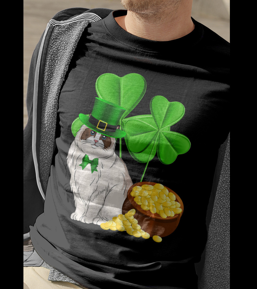 Himalayan Cat St Patricks Day Leprechaun Shamrocks And Gold Coins T-Shirt
