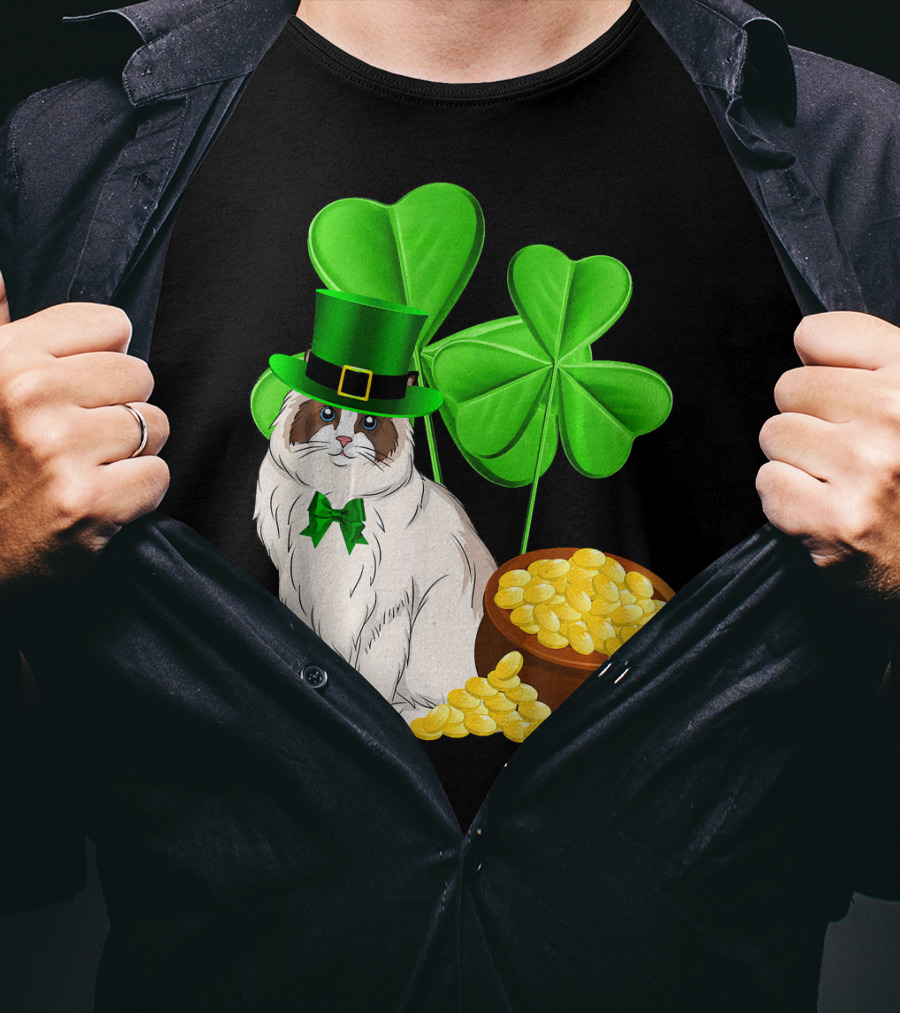 Himalayan Cat St Patricks Day Leprechaun Shamrocks And Gold Coins T-Shirt