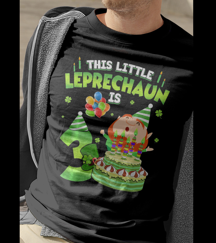 This Little Leprechaun Is 3 Birthday Celebration With Cake And Balloons T-Shirt