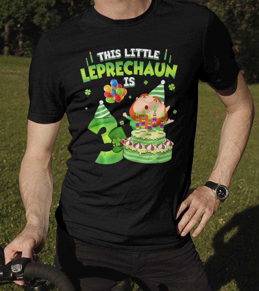 This Little Leprechaun Is 3 Birthday Celebration With Cake And Balloons T-Shirt