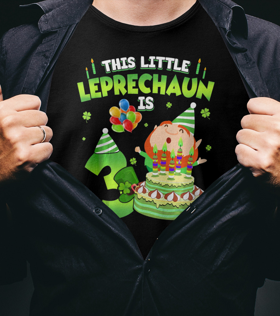 This Little Leprechaun Is 3 Birthday Celebration With Cake And Balloons T-Shirt