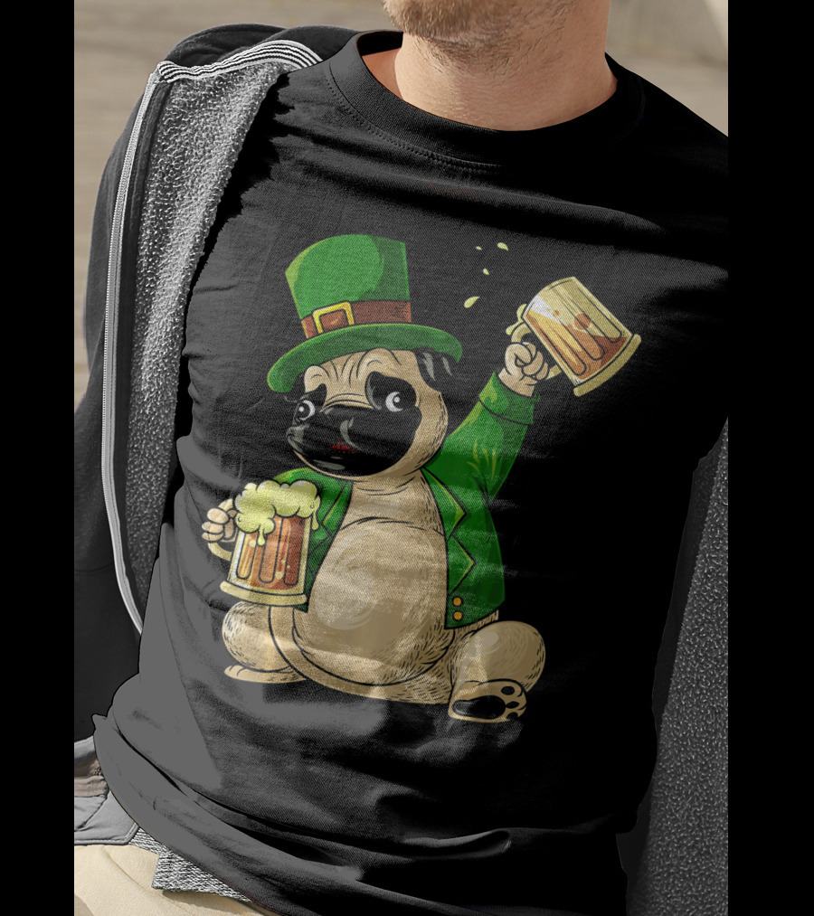 Irish Leprechaun Pug With Beer Mugs T-Shirt