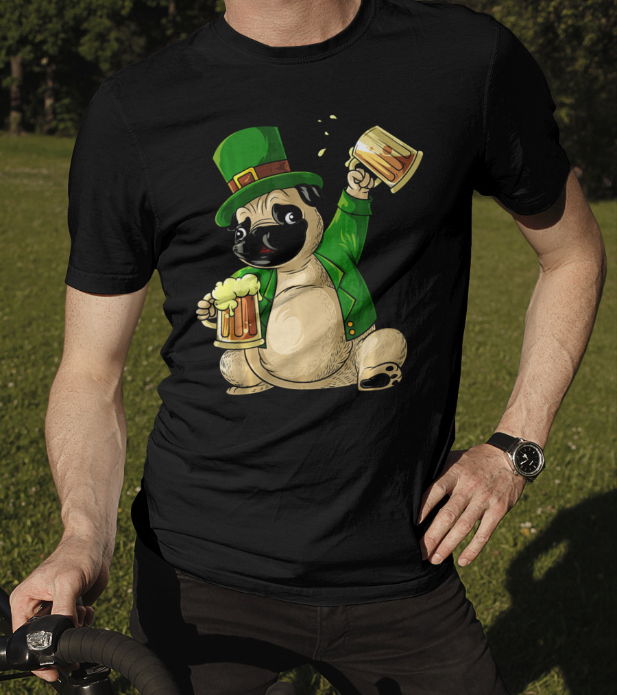Irish Leprechaun Pug With Beer Mugs T-Shirt