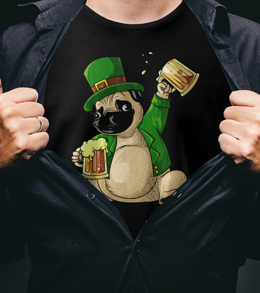 Irish Leprechaun Pug With Beer Mugs T-Shirt