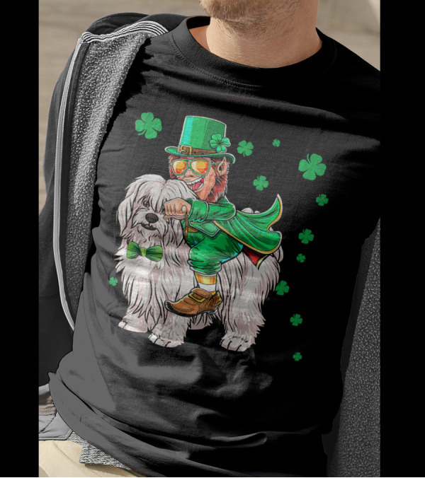 Leprechaun Riding Coton De Tulear With Shamrocks T-Shirt