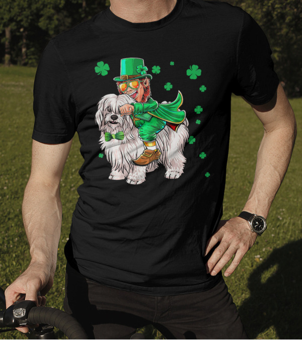 Leprechaun Riding Coton De Tulear With Shamrocks T-Shirt