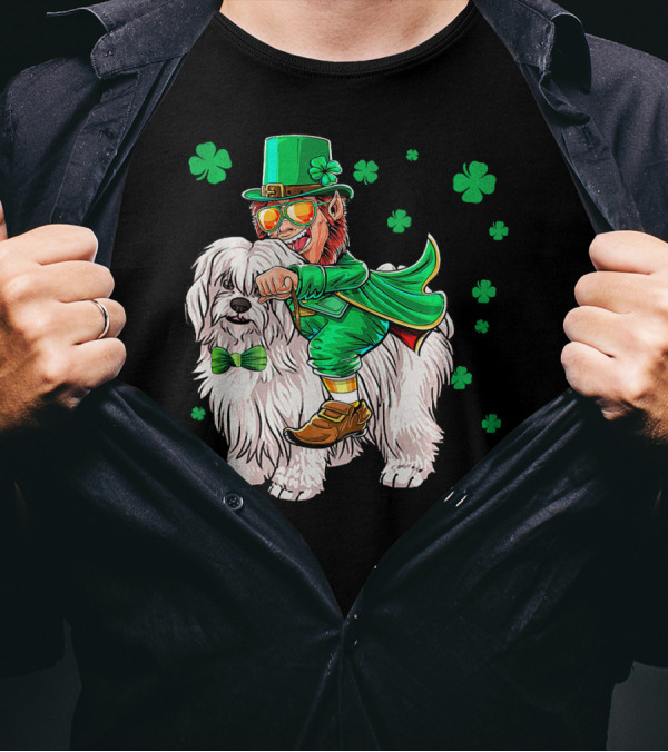Leprechaun Riding Coton De Tulear With Shamrocks T-Shirt