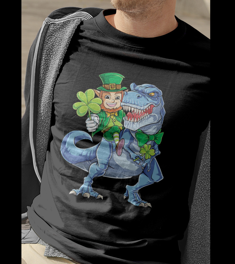 St Patricks Day Leprechaun Riding Dinosaur With Shamrock T-Shirt