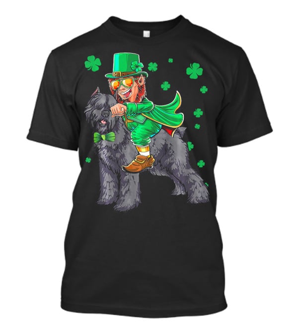 Leprechaun Riding Bouvier Des Flandres Surrounded By Shamrocks T-Shirt