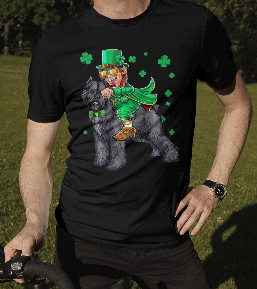 Leprechaun Riding Bouvier Des Flandres Surrounded By Shamrocks T-Shirt