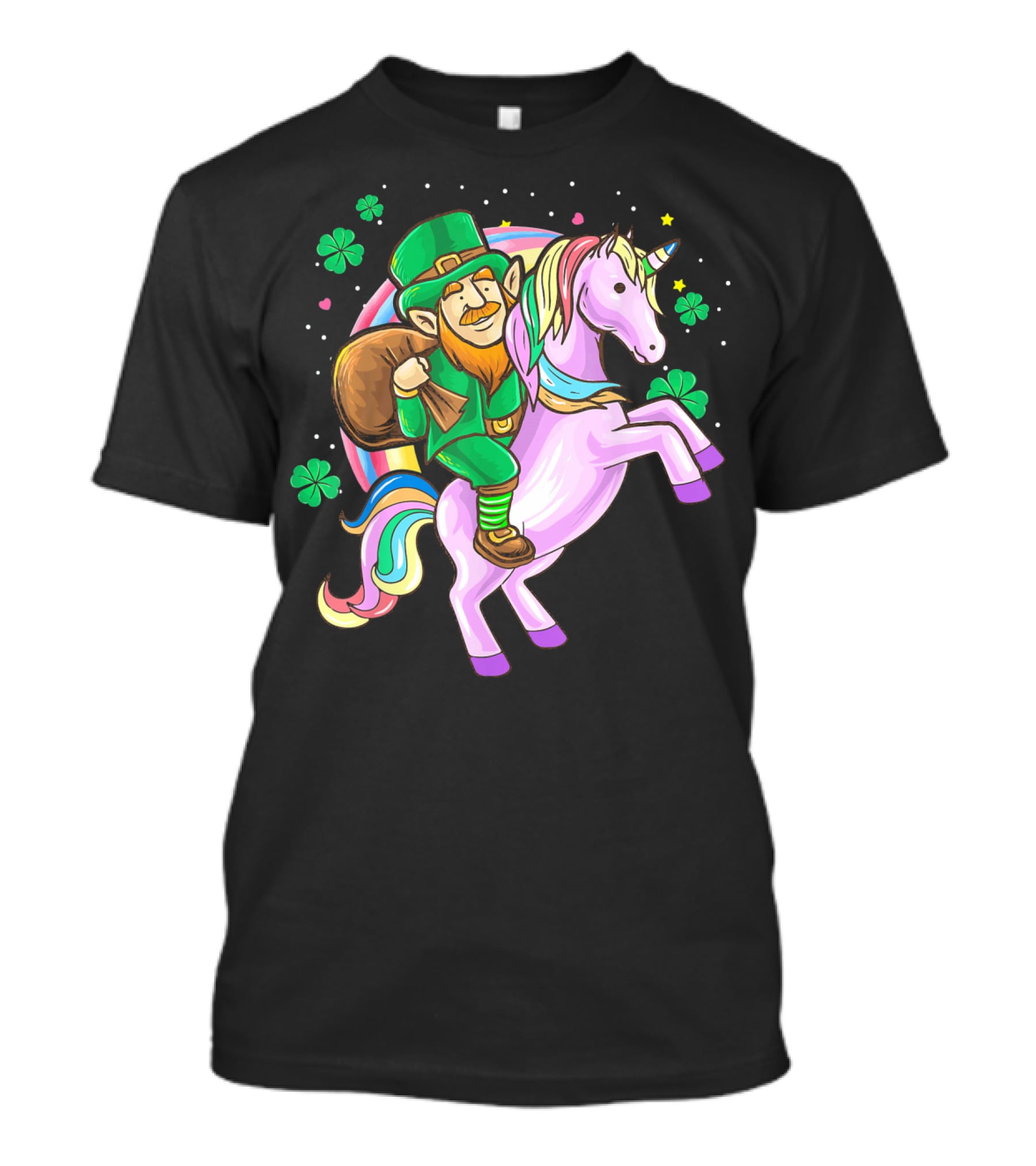 Mens Funny St Patricks Day Leprechaun Riding Unicorn With Shamrocks T-Shirt