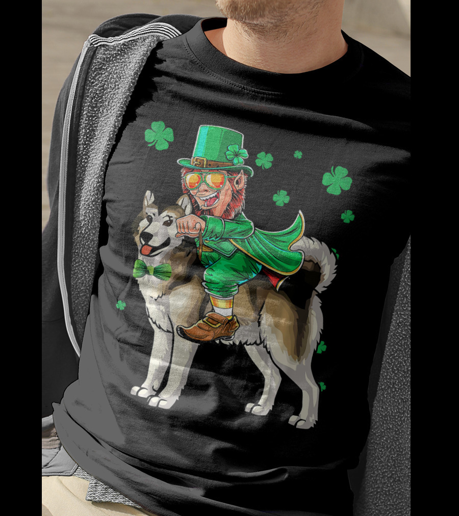 Leprechaun Riding Alaskan Malamute With Shamrocks T-Shirt