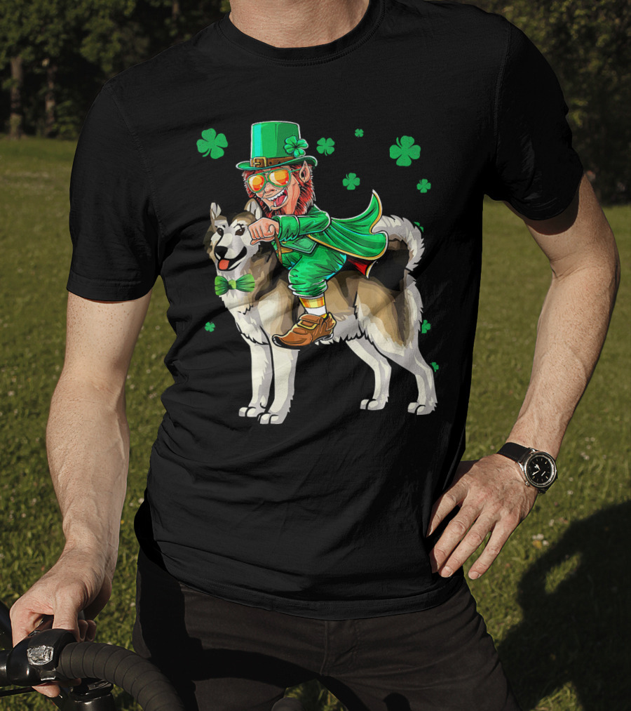 Leprechaun Riding Alaskan Malamute With Shamrocks T-Shirt
