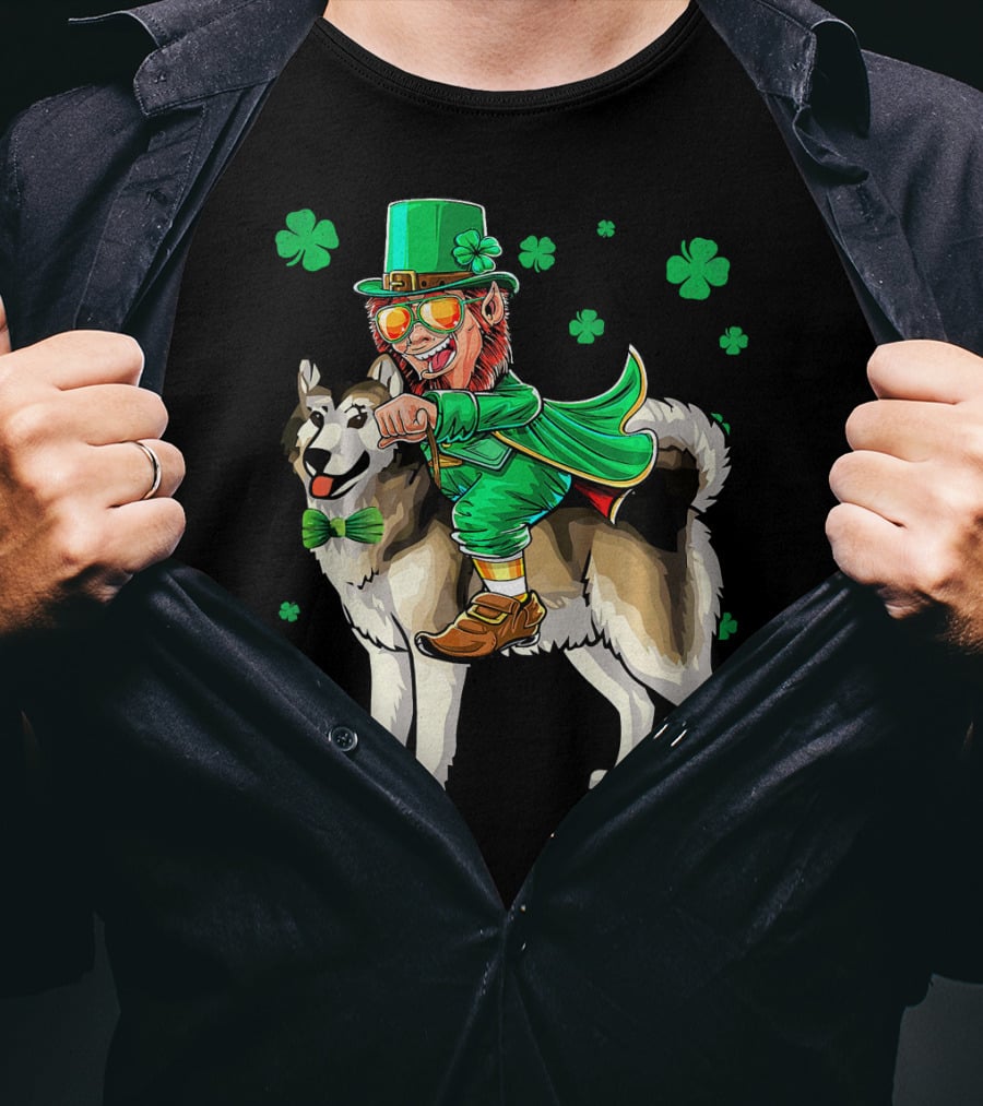 Leprechaun Riding Alaskan Malamute With Shamrocks T-Shirt
