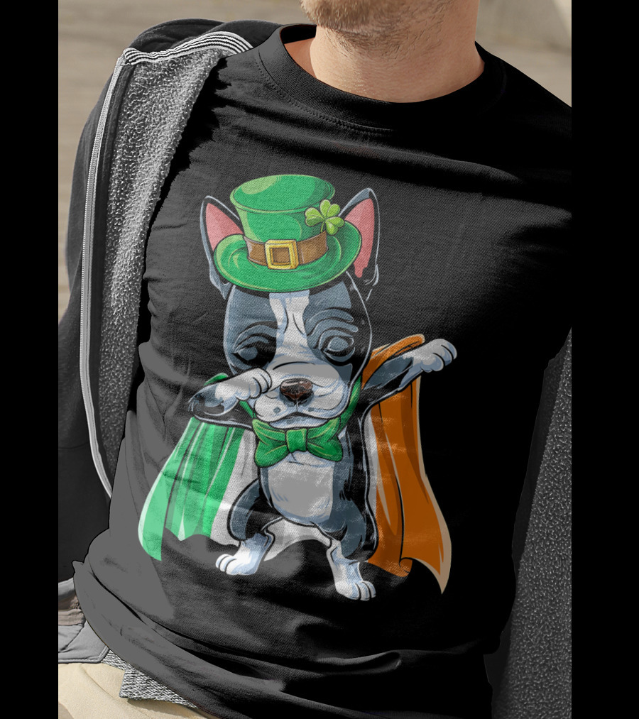 Dabbing Boston Terrier St. Patrick's Day Irish Flag Cape T-Shirt