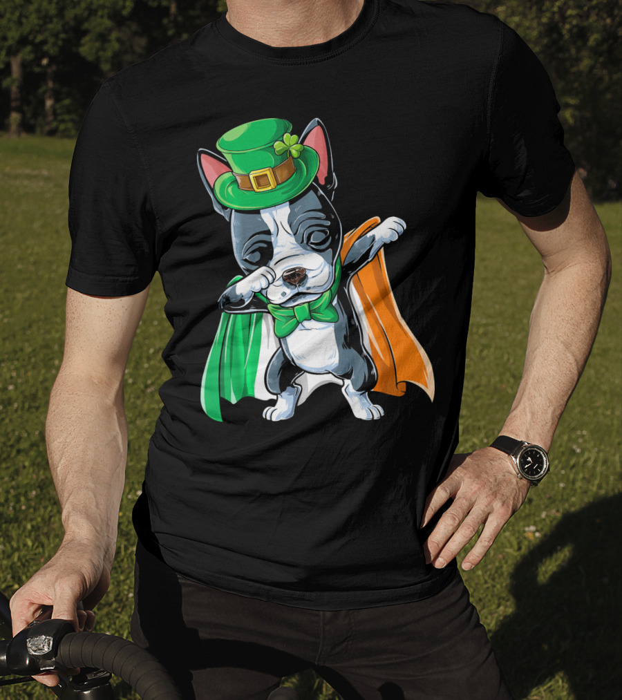 Dabbing Boston Terrier St. Patrick's Day Irish Flag Cape T-Shirt