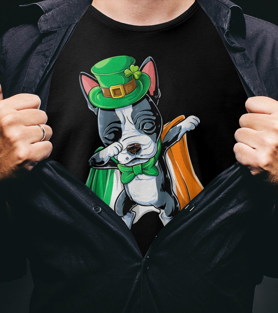 Dabbing Boston Terrier St. Patrick's Day Irish Flag Cape T-Shirt