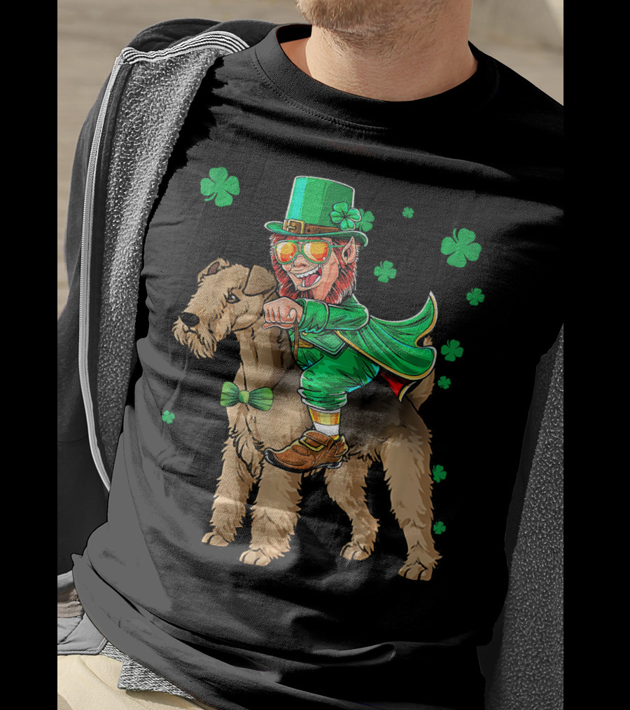 Leprechaun Lakeland Terrier Shamrock Celebration With Green Hat And Bow Tie T-Shirt