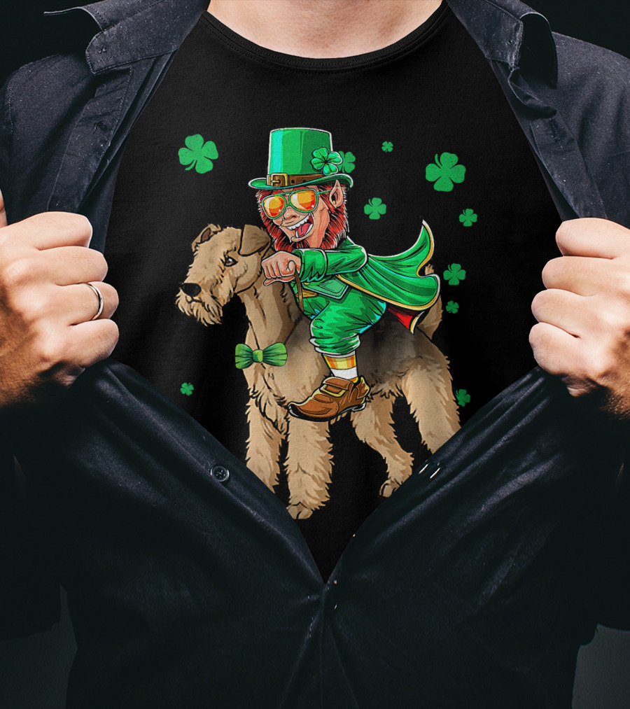 Leprechaun Lakeland Terrier Shamrock Celebration With Green Hat And Bow Tie T-Shirt