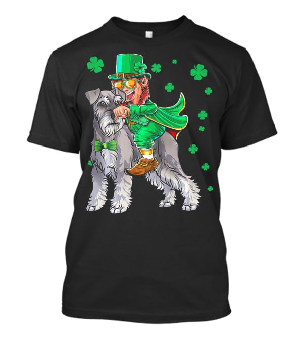 Leprechaun Riding Miniature Schnauzer With Green Shamrocks T-Shirt