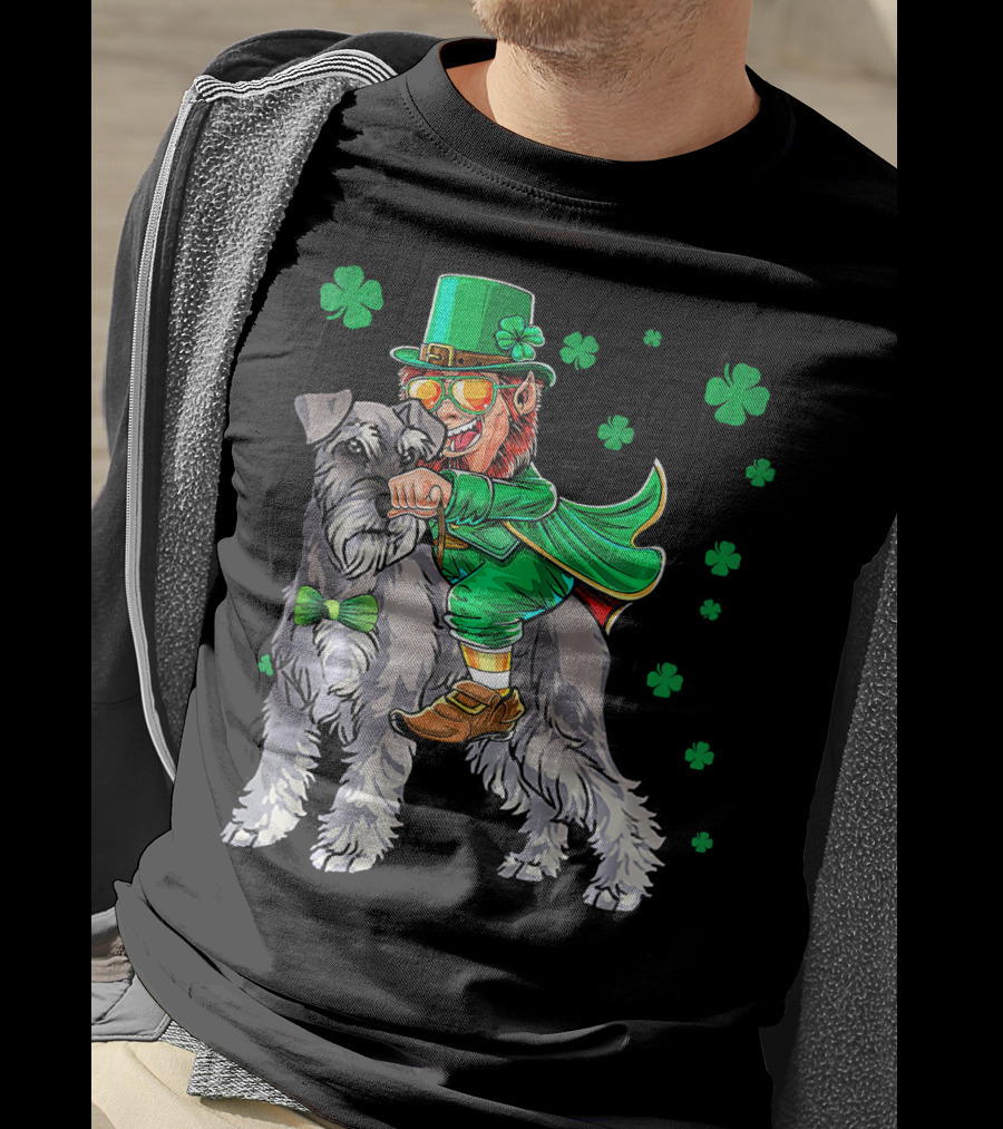 Leprechaun Riding Miniature Schnauzer With Green Shamrocks T-Shirt