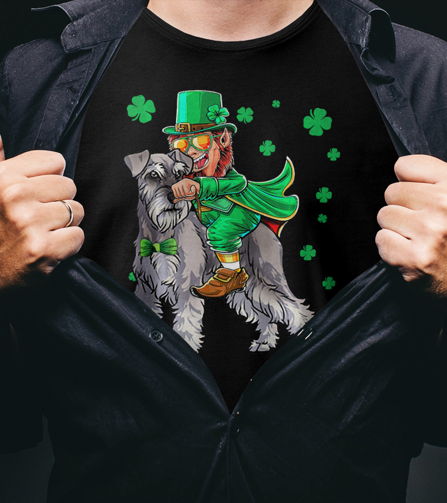 Leprechaun Riding Miniature Schnauzer With Green Shamrocks T-Shirt