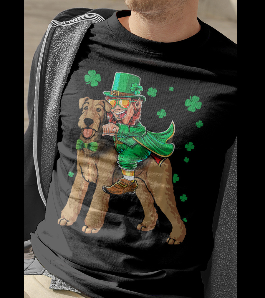 Leprechaun Riding Airedale Terrier With Shamrocks T-Shirt