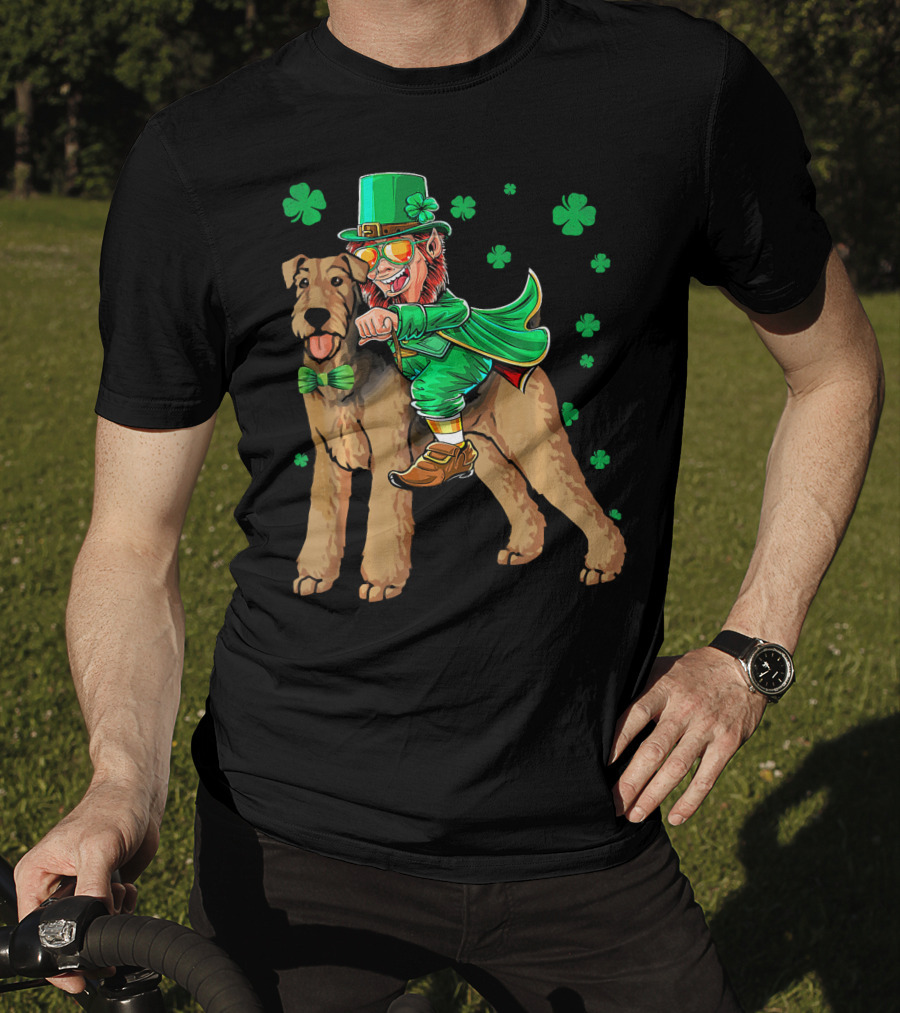 Leprechaun Riding Airedale Terrier With Shamrocks T-Shirt