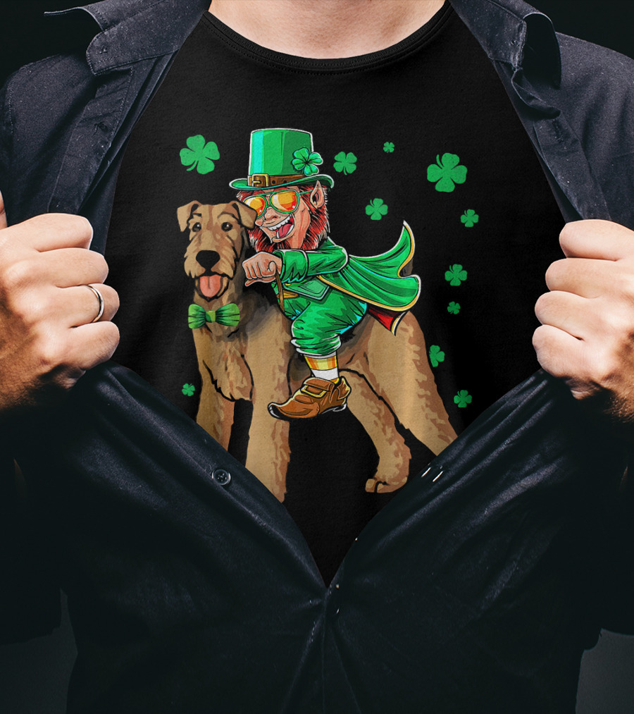 Leprechaun Riding Airedale Terrier With Shamrocks T-Shirt